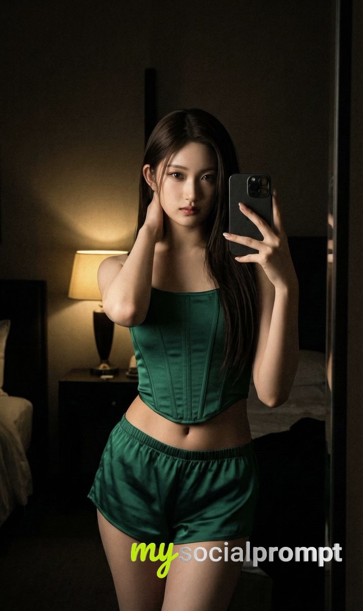 nanobanana prompt: Cinematic Mirror Selfie in Dark Luxury Hotel with Emerald Corset – Hyper-realistic iPhone Aesthetic