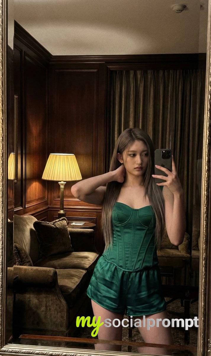 nanobanana prompt: Cinematic Mirror Selfie in Dark Luxury Hotel with Emerald Corset – Hyper-realistic iPhone Aesthetic image 2