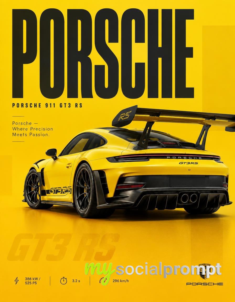 nanobanana prompt: Hyper-realistic Porsche 911 GT3 RS Studio Poster with Cinematic Lighting