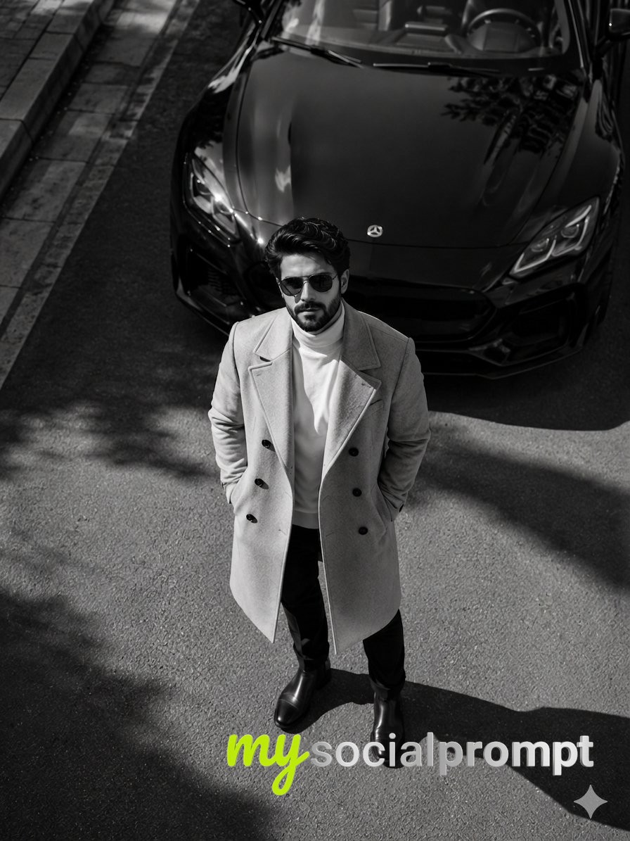 nanobanana prompt: Cinematic Black-and-White Luxury Portrait with High-Angle Drone View