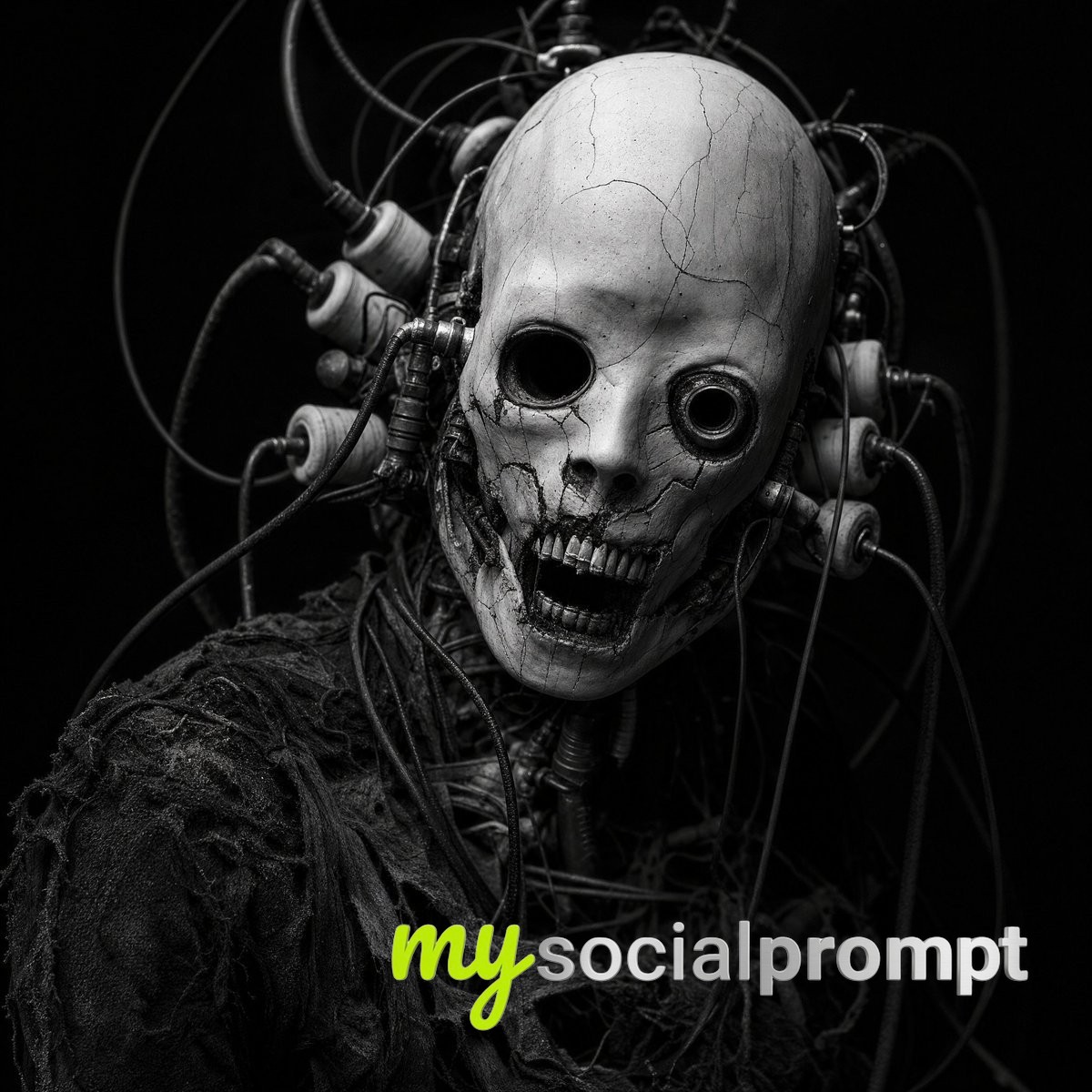nanobanana prompt: Cybernetic Horror Portrait in Monochrome