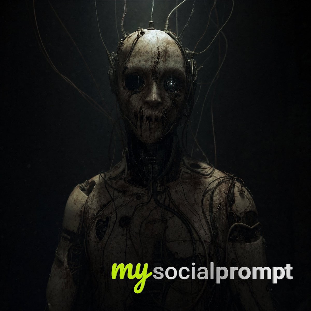 nanobanana prompt: Cybernetic Horror Portrait in Monochrome image 2