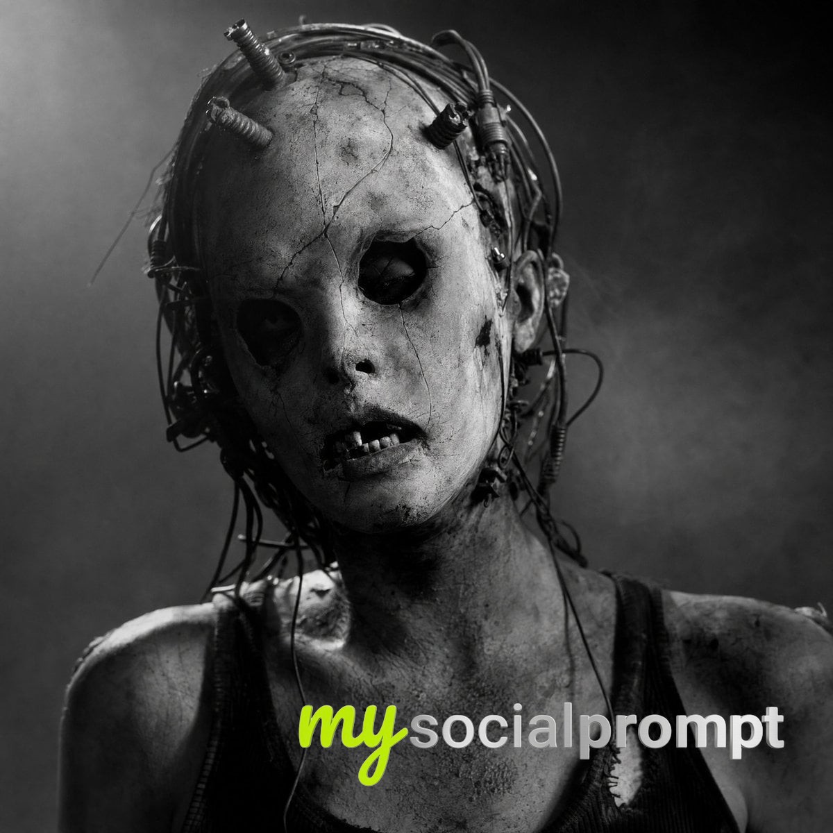 nanobanana prompt: Cybernetic Horror Portrait in Monochrome image 3