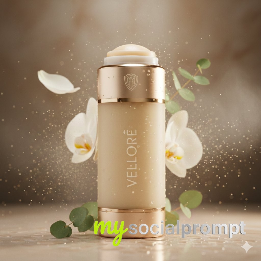 nanobanana prompt: Cinematic Luxury Deodorant in Frosted Glass and Champagne Gold