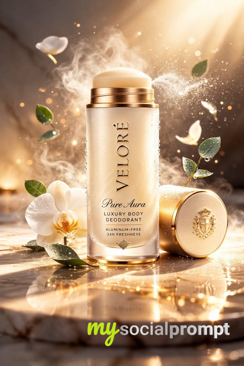 nanobanana prompt: Cinematic Luxury Deodorant in Frosted Glass and Champagne Gold image 2