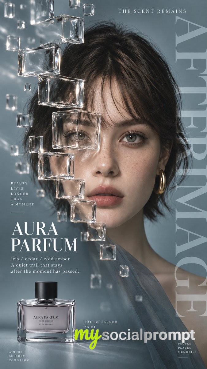 nanobanana prompt: High-Fashion Editorial Portrait with Geometric Optical Glass and Bold Typography