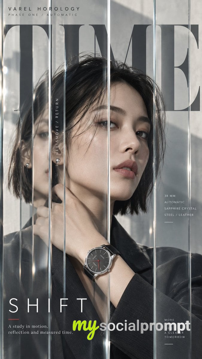 nanobanana prompt: High-Fashion Editorial Portrait with Geometric Optical Glass and Bold Typography image 2
