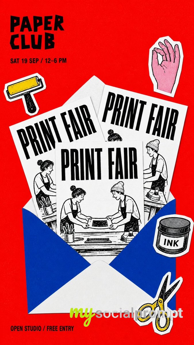 nanobanana prompt: Curated Event Poster with Overlapping Flyers and Envelope Detail