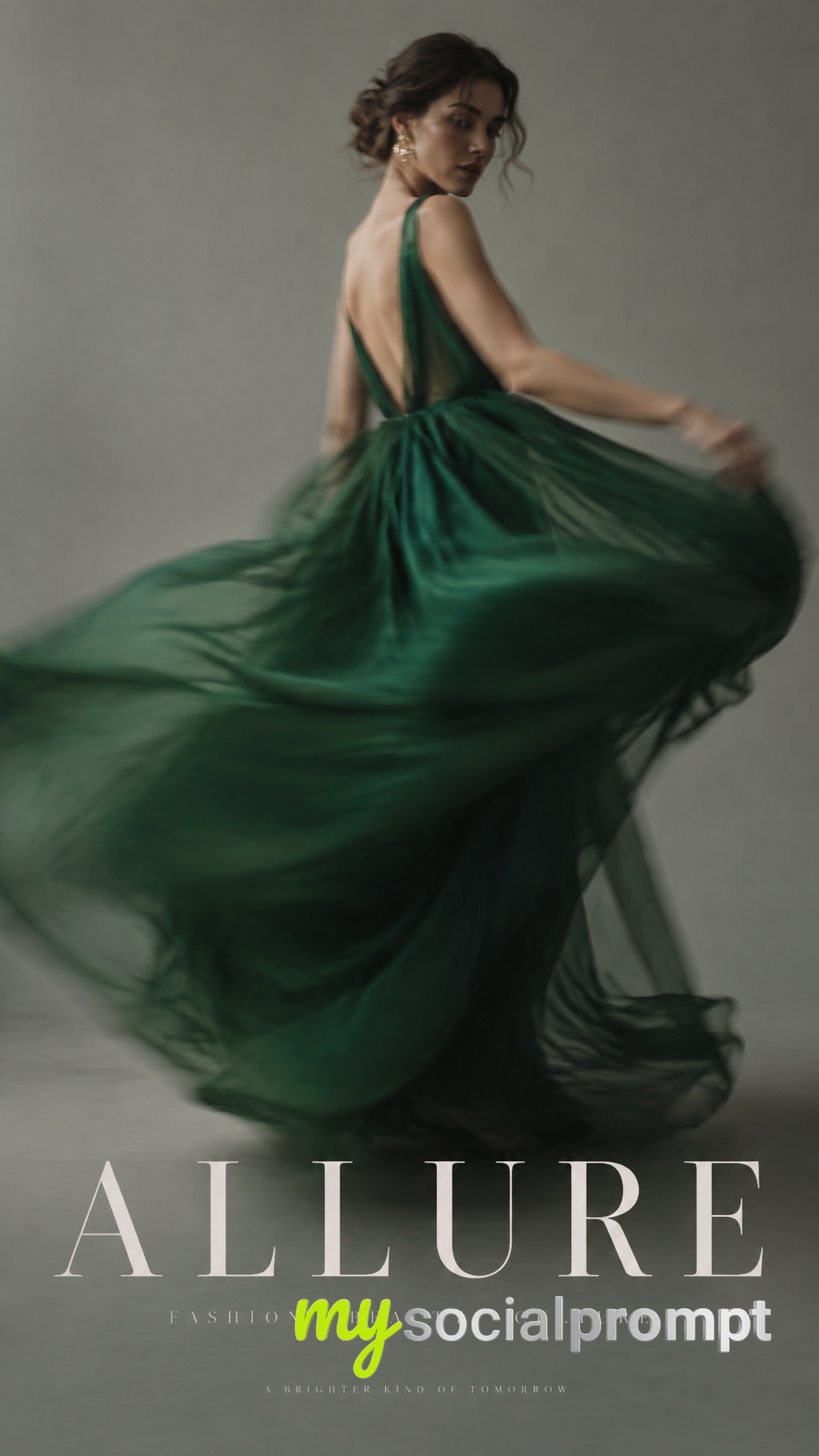 nanobanana prompt: Long Exposure Editorial Fashion Photography with Emerald Dress Motion Blur