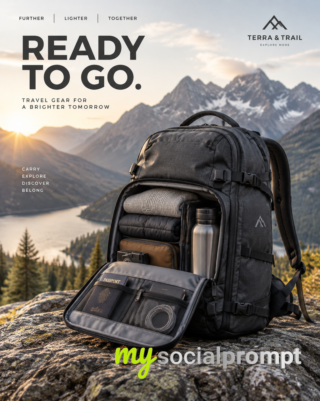nanobanana prompt: Cinematic Hyper-realistic Luxury Travel Backpack Poster, Alpine Light, Minimalist Composition