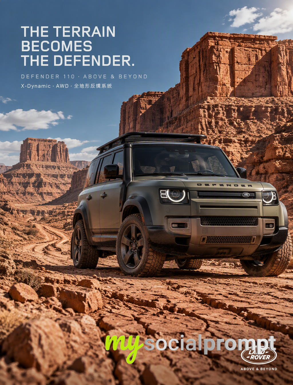 nanobanana prompt: Land Rover Defender in Red Rock Desert with Conceptual Terrain Morphing and Hyper-Realistic Automotive Photography