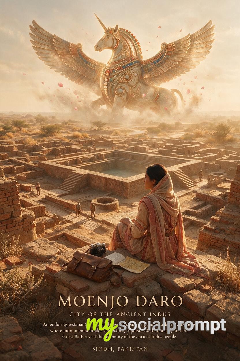 nanobanana prompt: Moenjo Daro Cinematic Travel Poster – Hyperrealistic Heritage Art