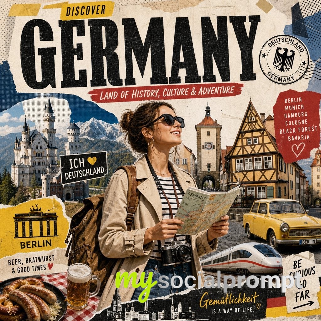 nanobanana prompt: Cinematic Travel Collage of Germany with Modern Tourist