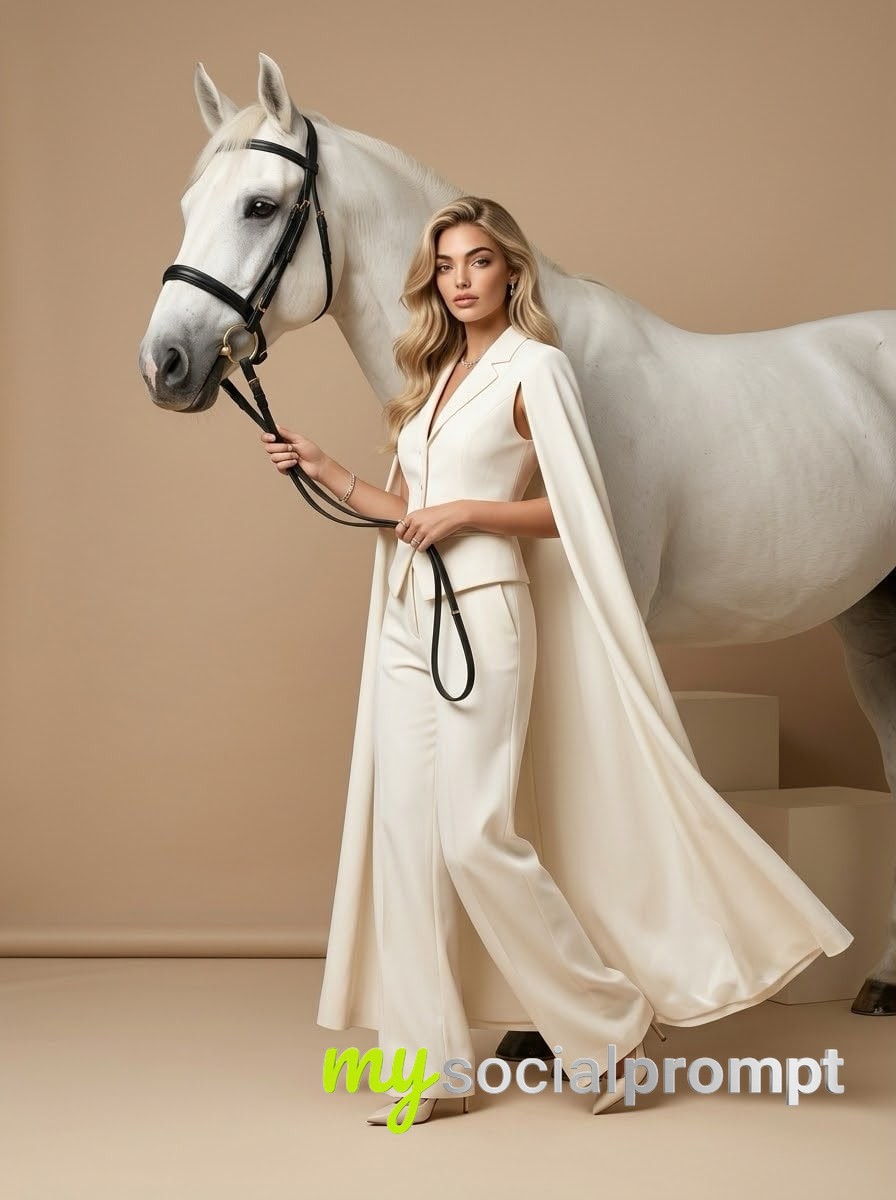 nanobanana prompt: Hyper-realistic Luxury Fashion Editorial with White Horse in Beige Studio image 2