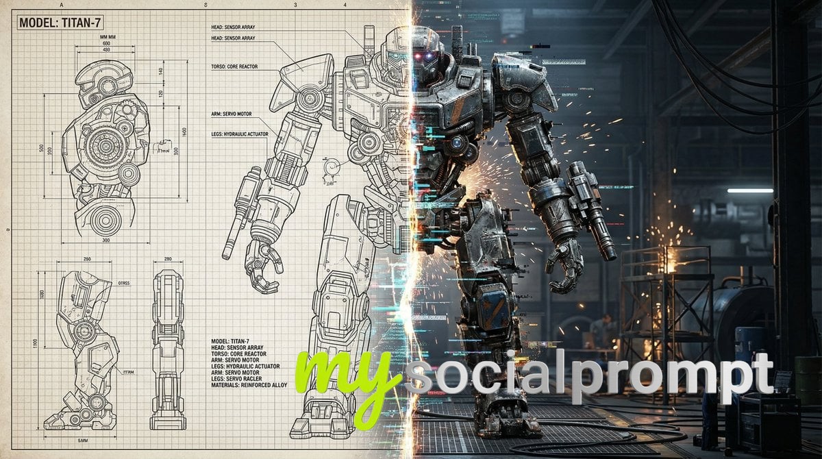 nanobanana prompt: Split-Screen Cyborg: Technical Blueprint & Glitching 3D Render image 2