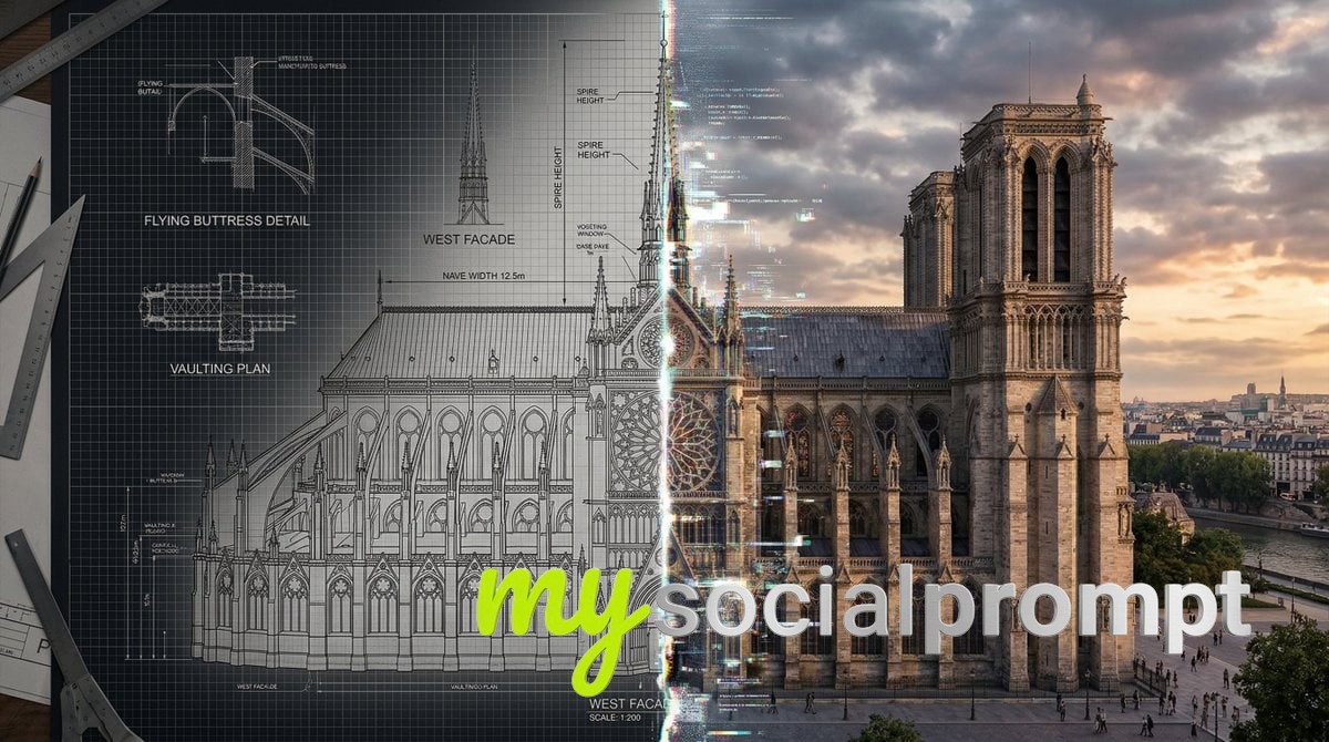 nanobanana prompt: Split-Screen Cyborg: Technical Blueprint & Glitching 3D Render image 4