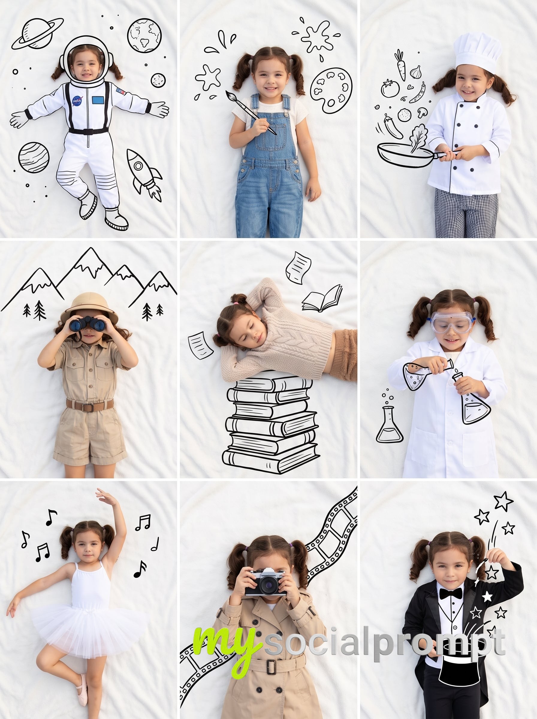 nanobanana prompt: 3x3 Collage with Hand-Drawn Doodles and Playful Scenarios
