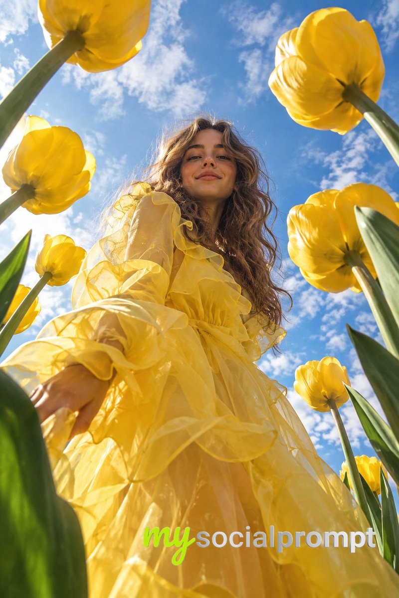 nanobanana prompt: Whimsical high-fashion editorial photograph of a young wo