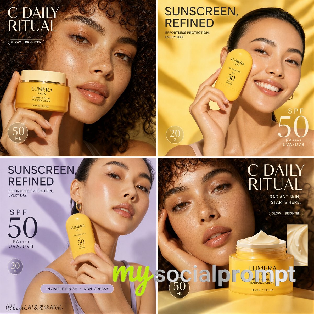 nanobanana prompt: Create a Cannes-level premium four-panel skincare campaig