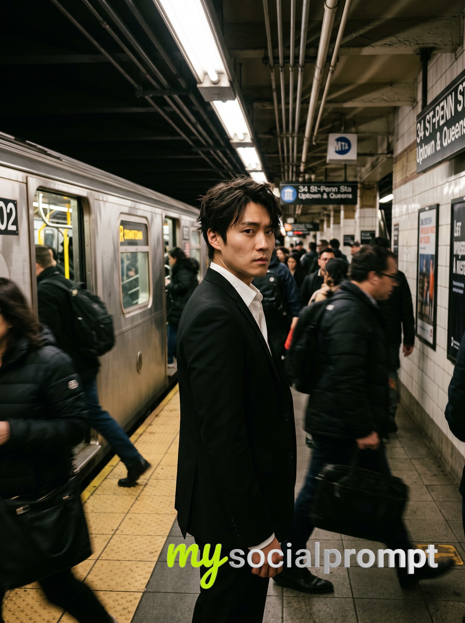 nanobanana prompt: Cinematic Noir Portrait of East Asian Man on Subway Platform