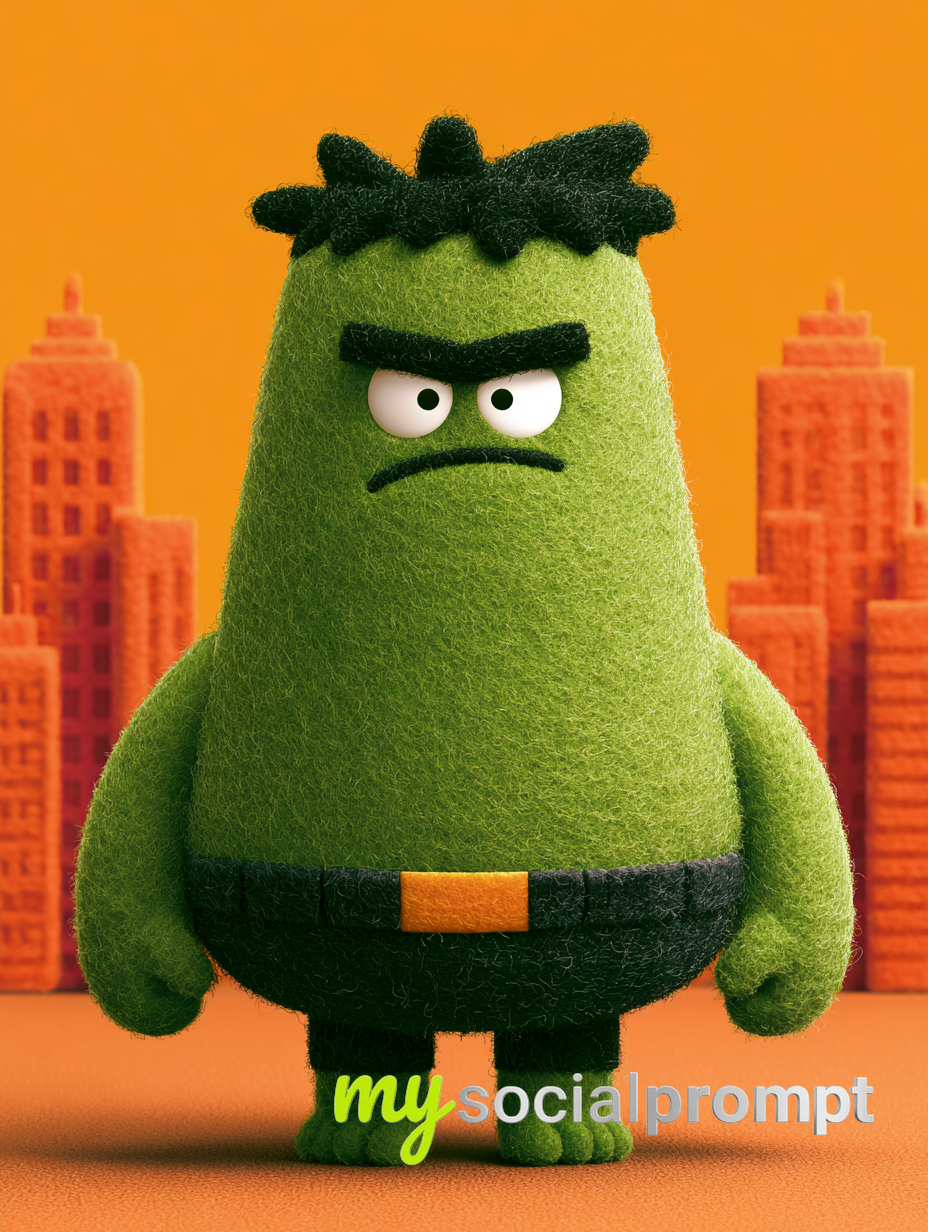nanobanana prompt: Felt-Texture Hulk Caricature in Children’s Book Style