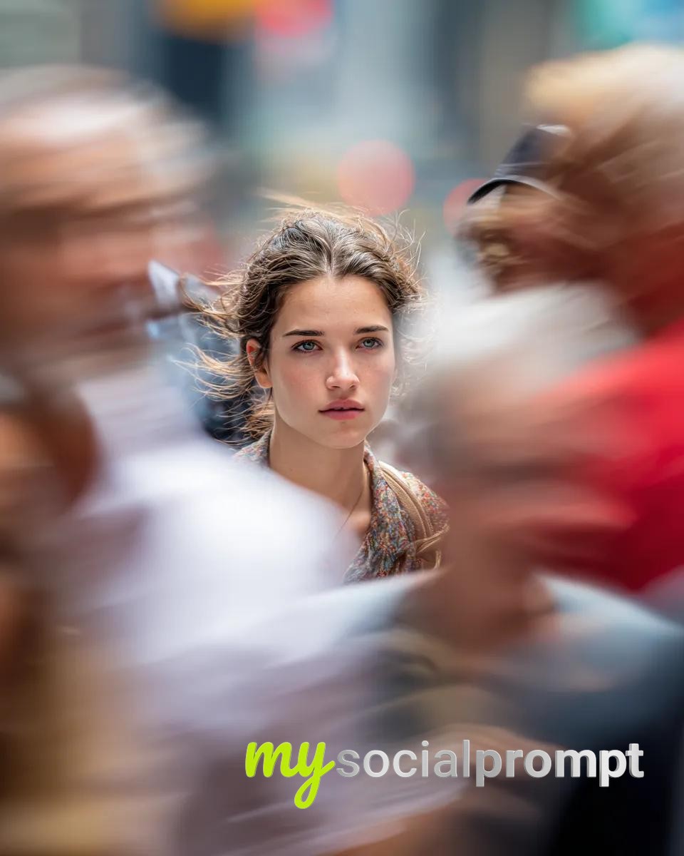 Cinematic Close-Up: Model in 200mm Zoom on Busy New York Street