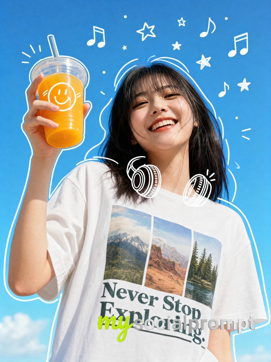 Vibrant Pop-Art Portrait: Joyful Woman with Orange Juice and Doodle Overlays
