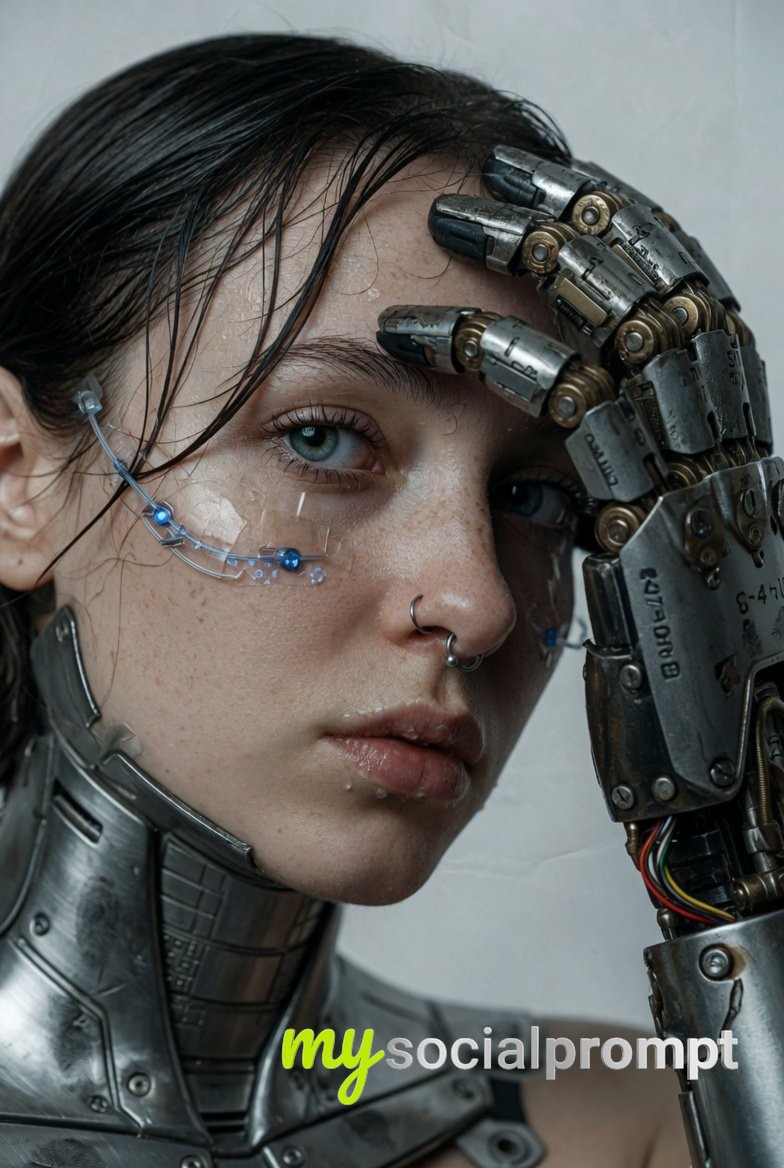 Cybernetic Portrait: Hyper-Realistic Prosthetic Hand & Metallic Augmentations