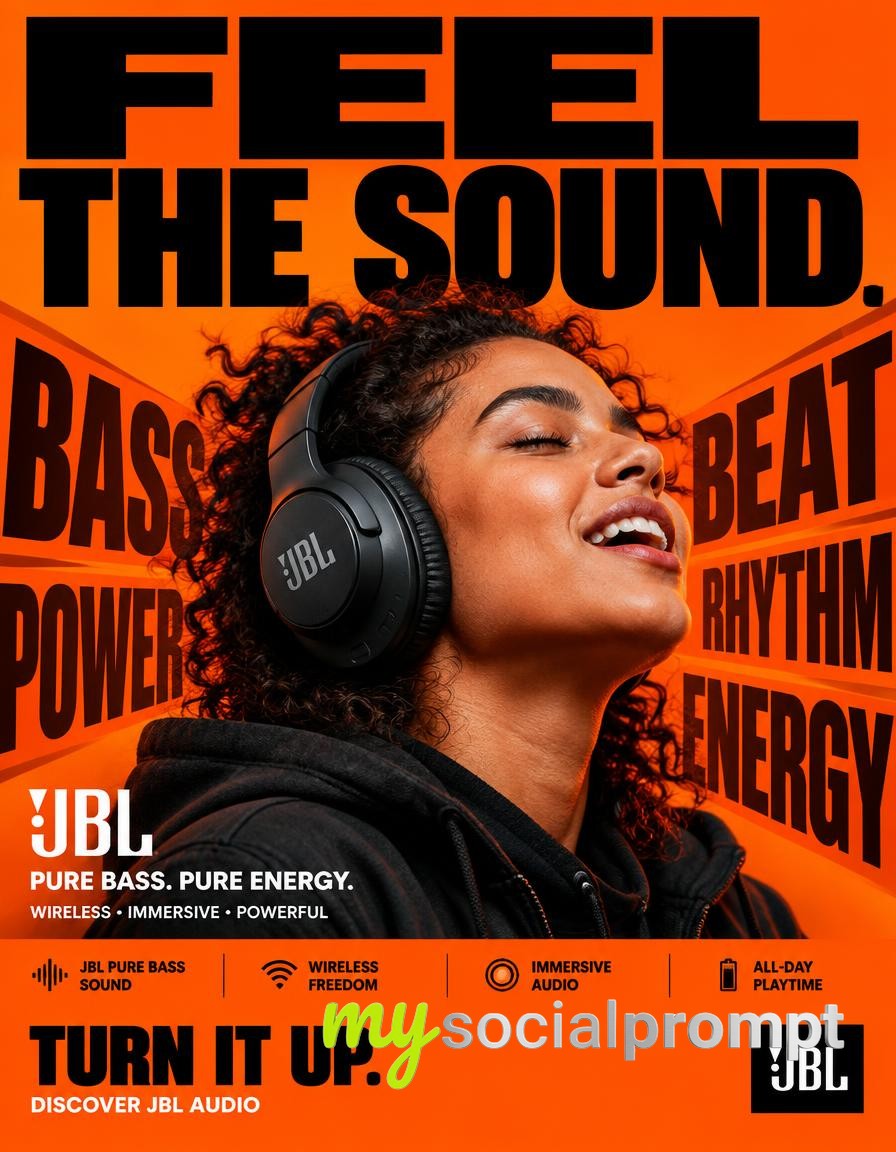 Hyper-Commercial JBL Headphone Campaign Poster: Bold Orange Typography & Editorial Impact