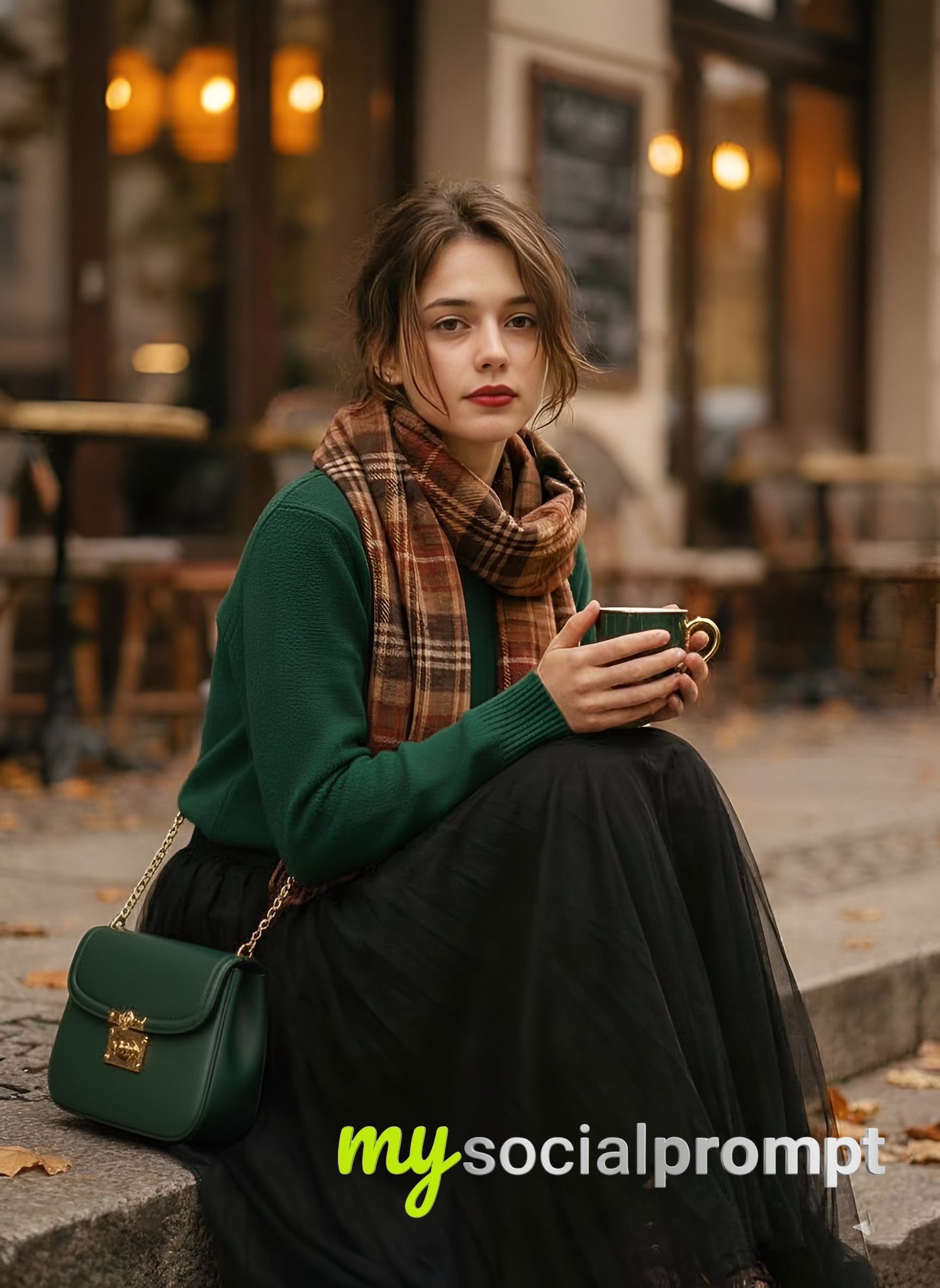 Cinematic 1970s Fashion Portrait: Forest Green Knit & Vintage Scarf