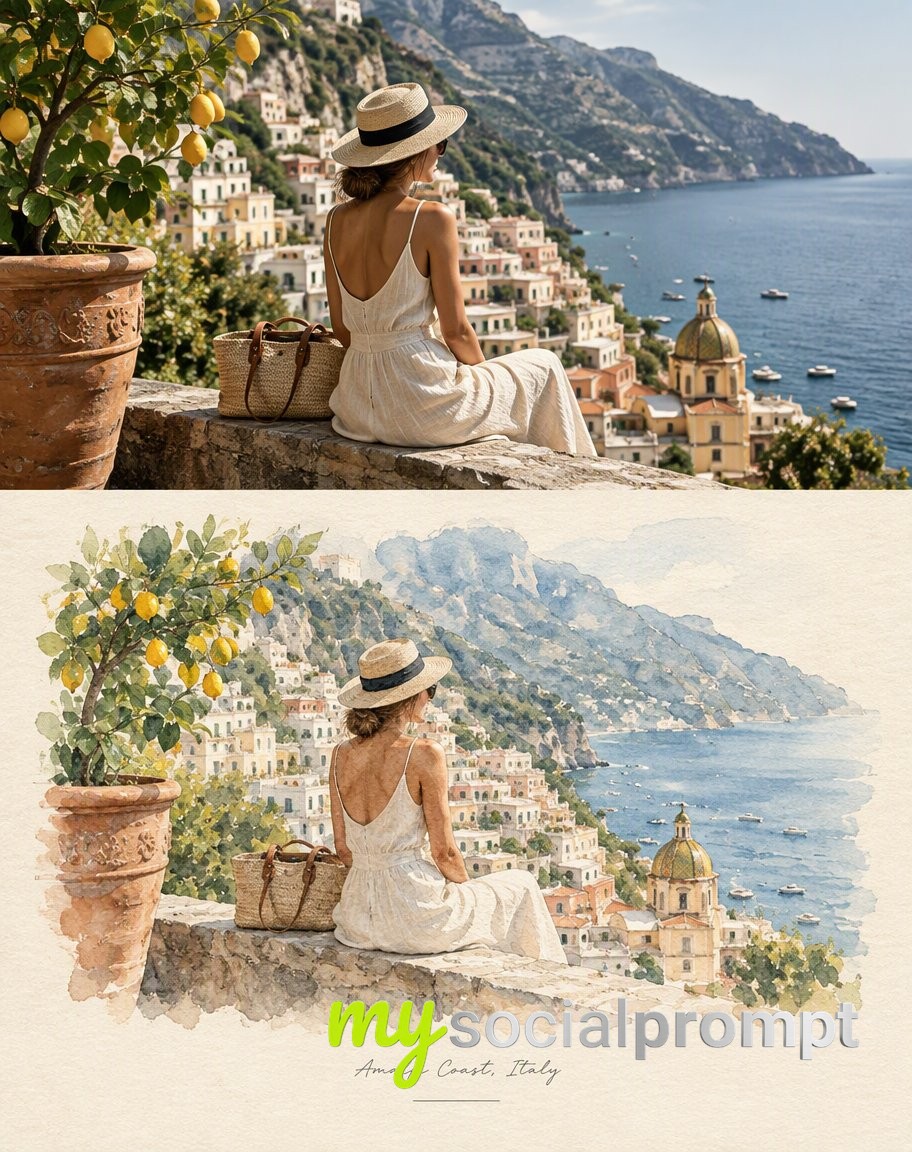 Cinematic Travel Art: Double-Exposure Watercolor & Photo Editorial