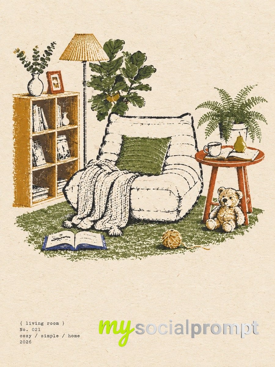 Cozy Vintage Interior Illustration: Mid-Century Modern Living Room with Botanical Charm