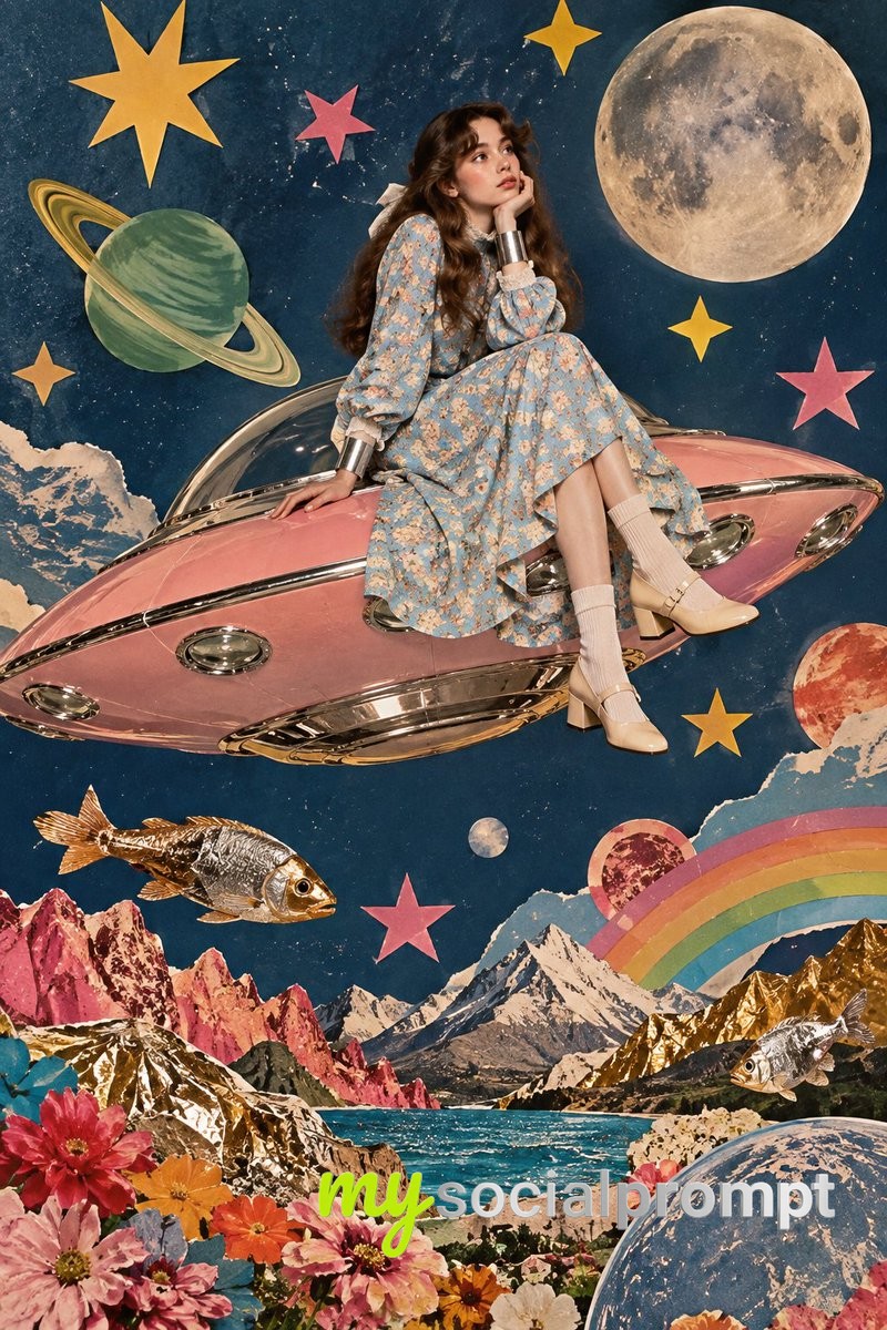 Surreal Vintage Collage: Woman in Floral Dress on Pink UFO in Cosmic Pop Art