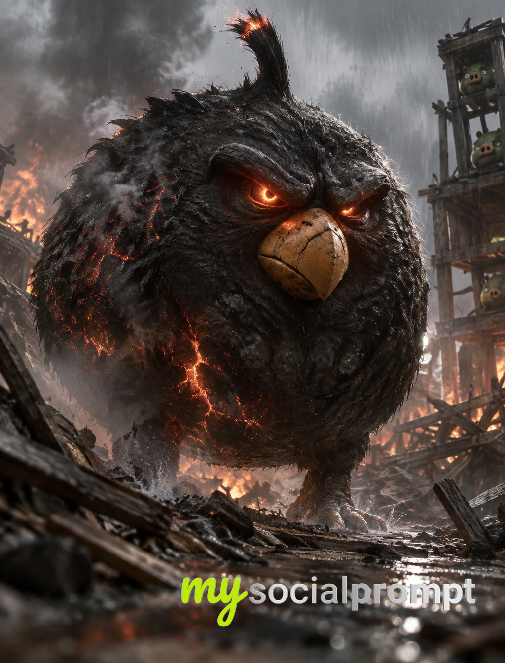 Volcanic Bomb: Hyper-Real Cinematic Beast in Rainstorm