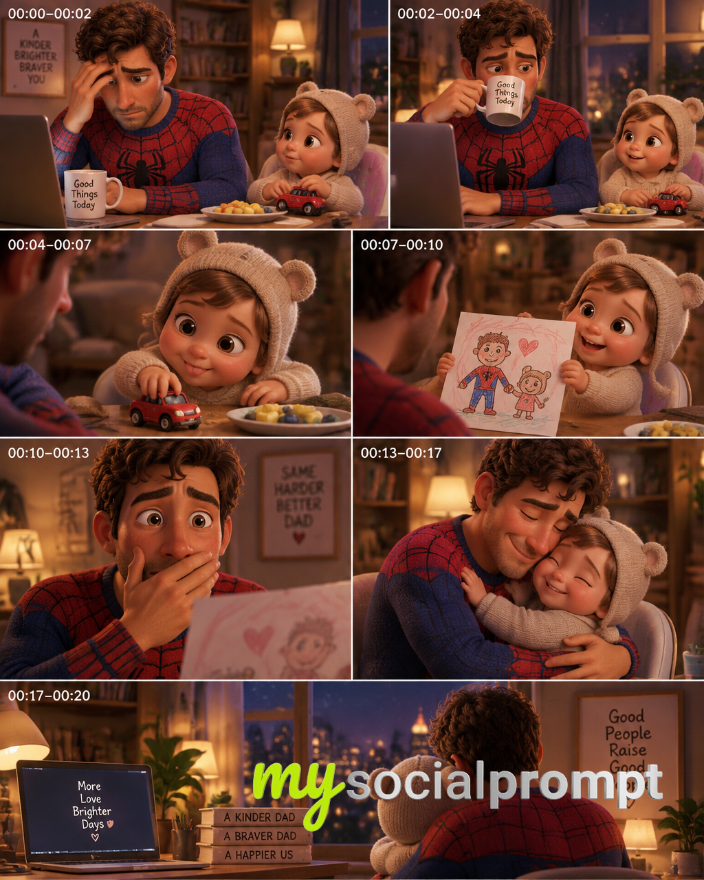 Cinematic 3D Animation: Tender Father-Daughter Office Moment in Warm Pixar Style