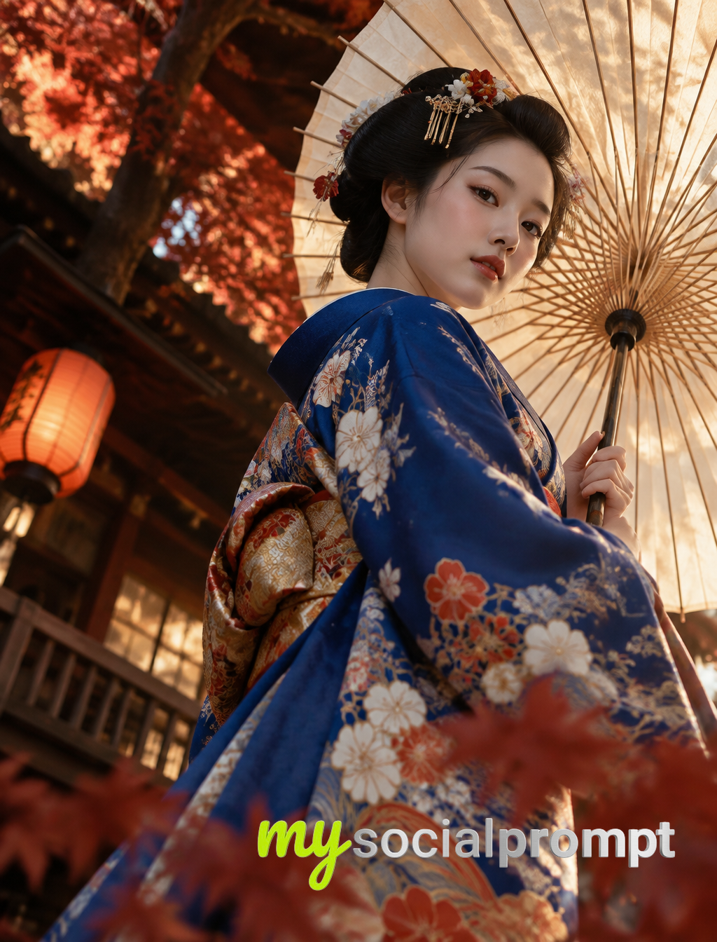 Editorial Portrait: Japanese Woman in Blue Furisode with Washi Umbrella