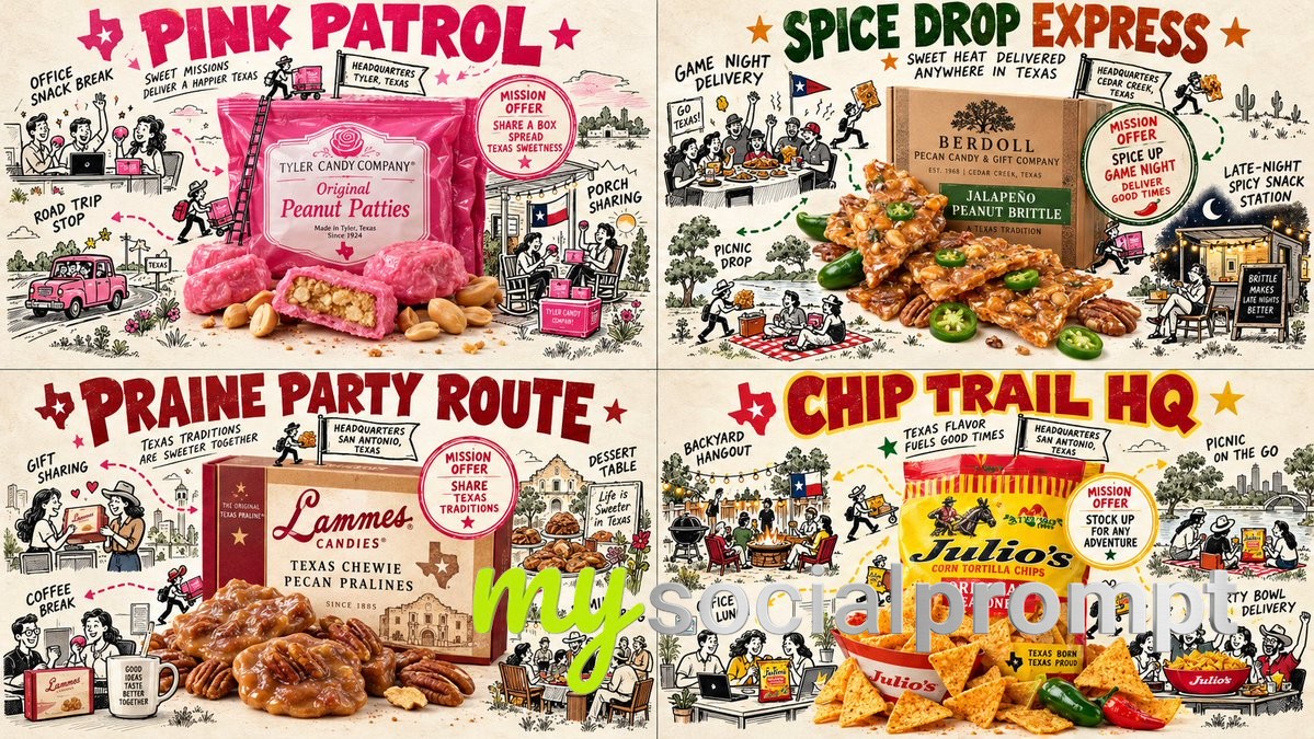Hand-Drawn Mission Map Poster: 2x2 Grid of Underrated Texan Snacks