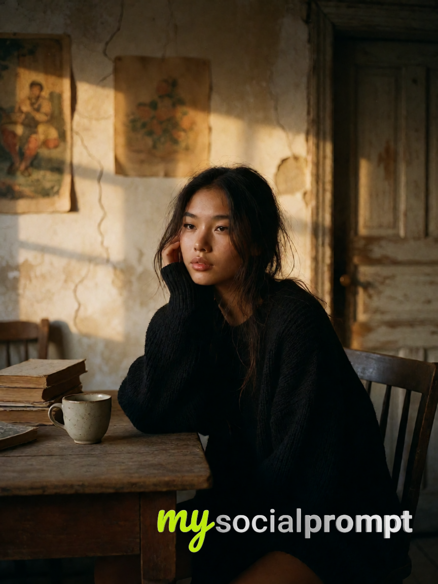 Golden-Hour Cinematic Portrait of a Woman in a Weathered Room