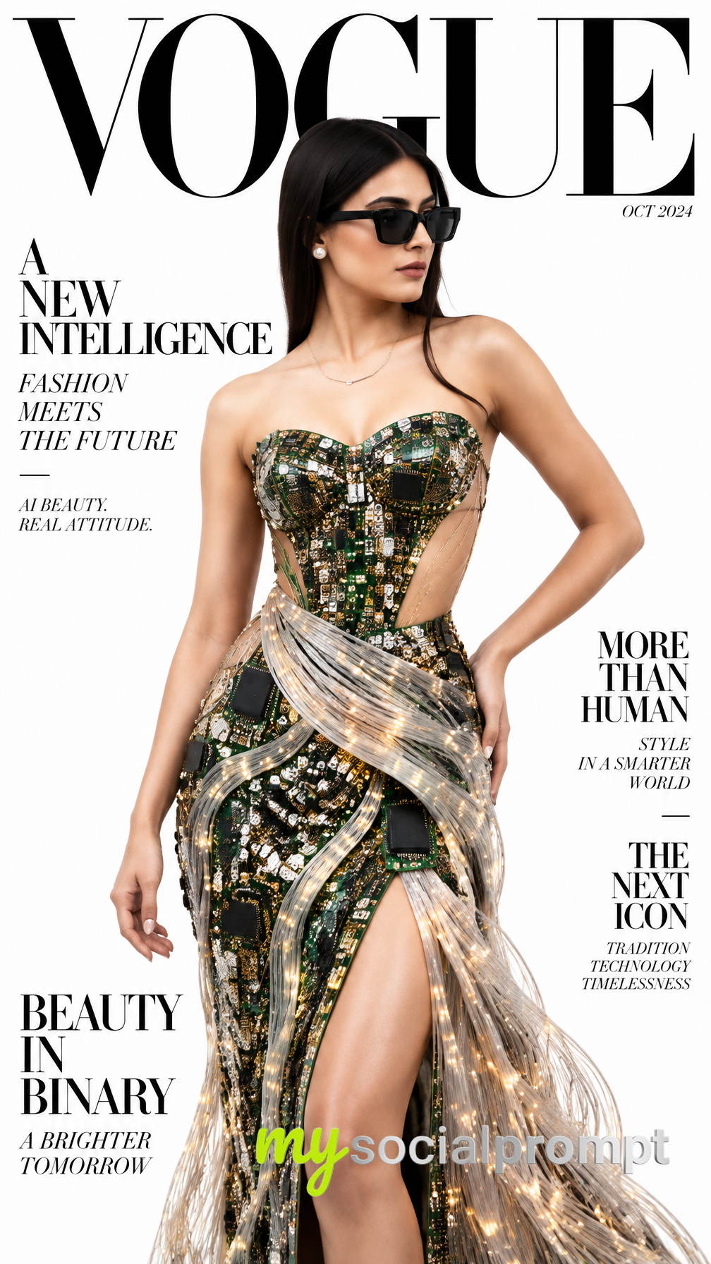 Haute Couture Meets Cybernetics: Photorealistic Vogue Cover with Circuit Board Elegance