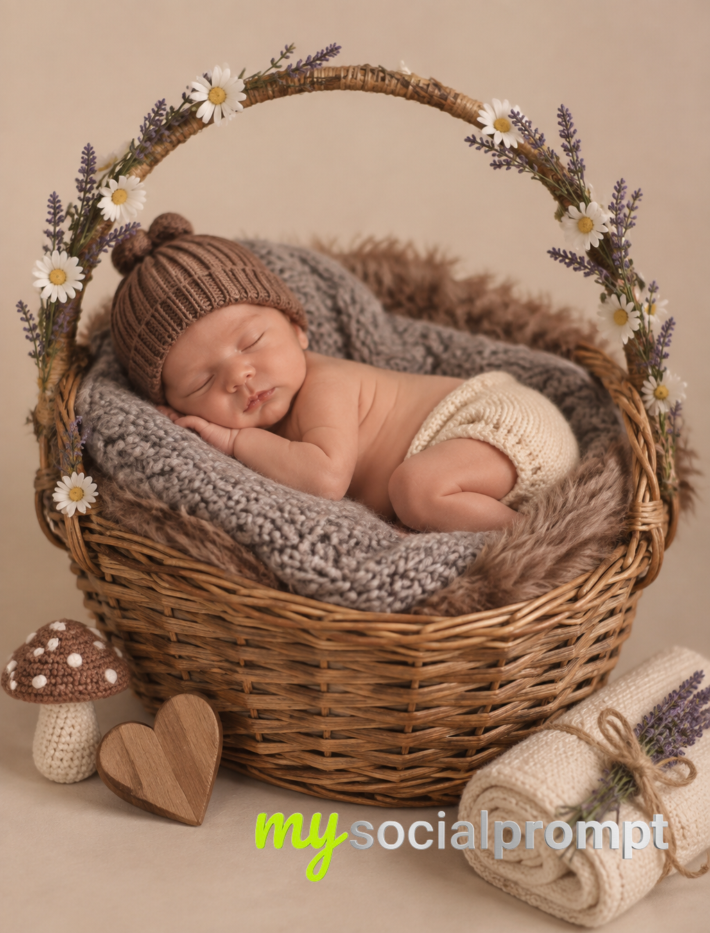 Hyper-Realistic Newborn Portrait in Rustic Woven Basket with Soft Studio Lighting