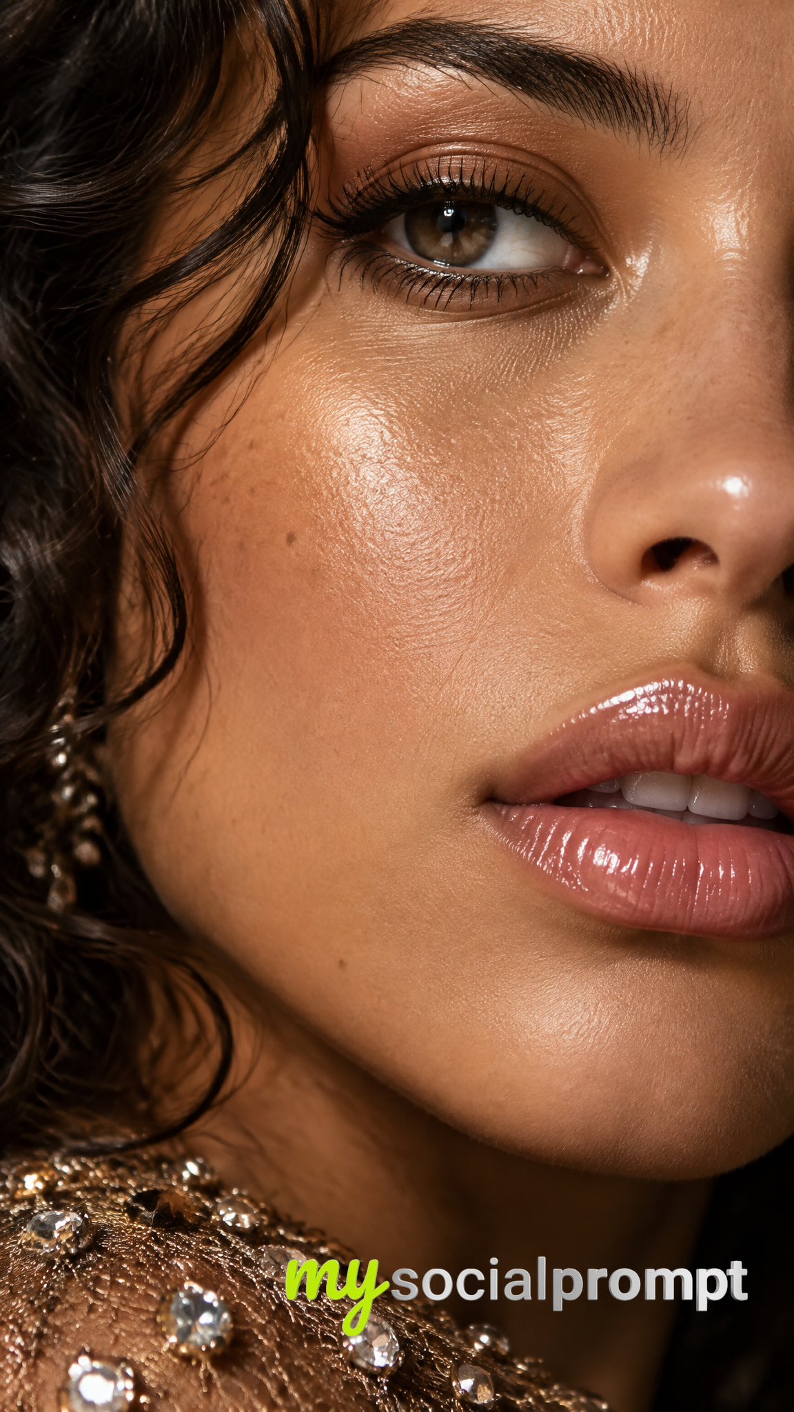 Hyper-Realistic Macro Beauty Portrait: Brown Eye, Glossy Lips, and Jeweled Texture