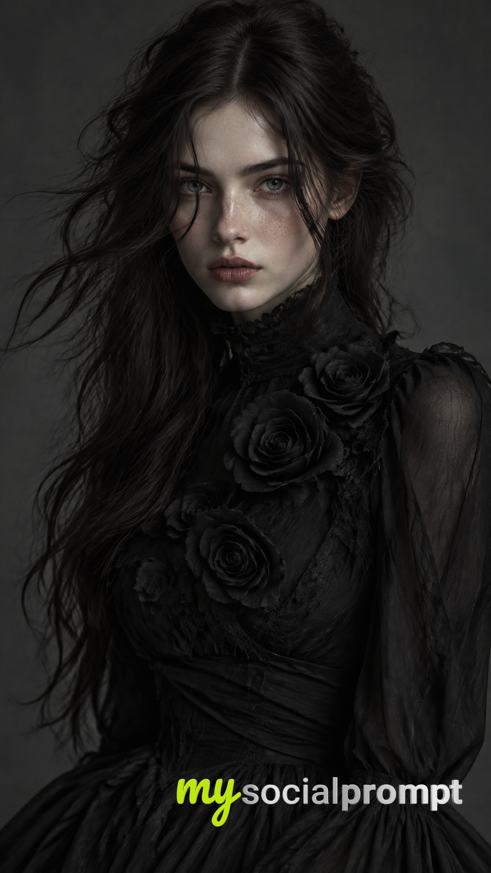 Gothic Elegance: Fine-Art Studio Portrait of a Pale Woman in Black Couture