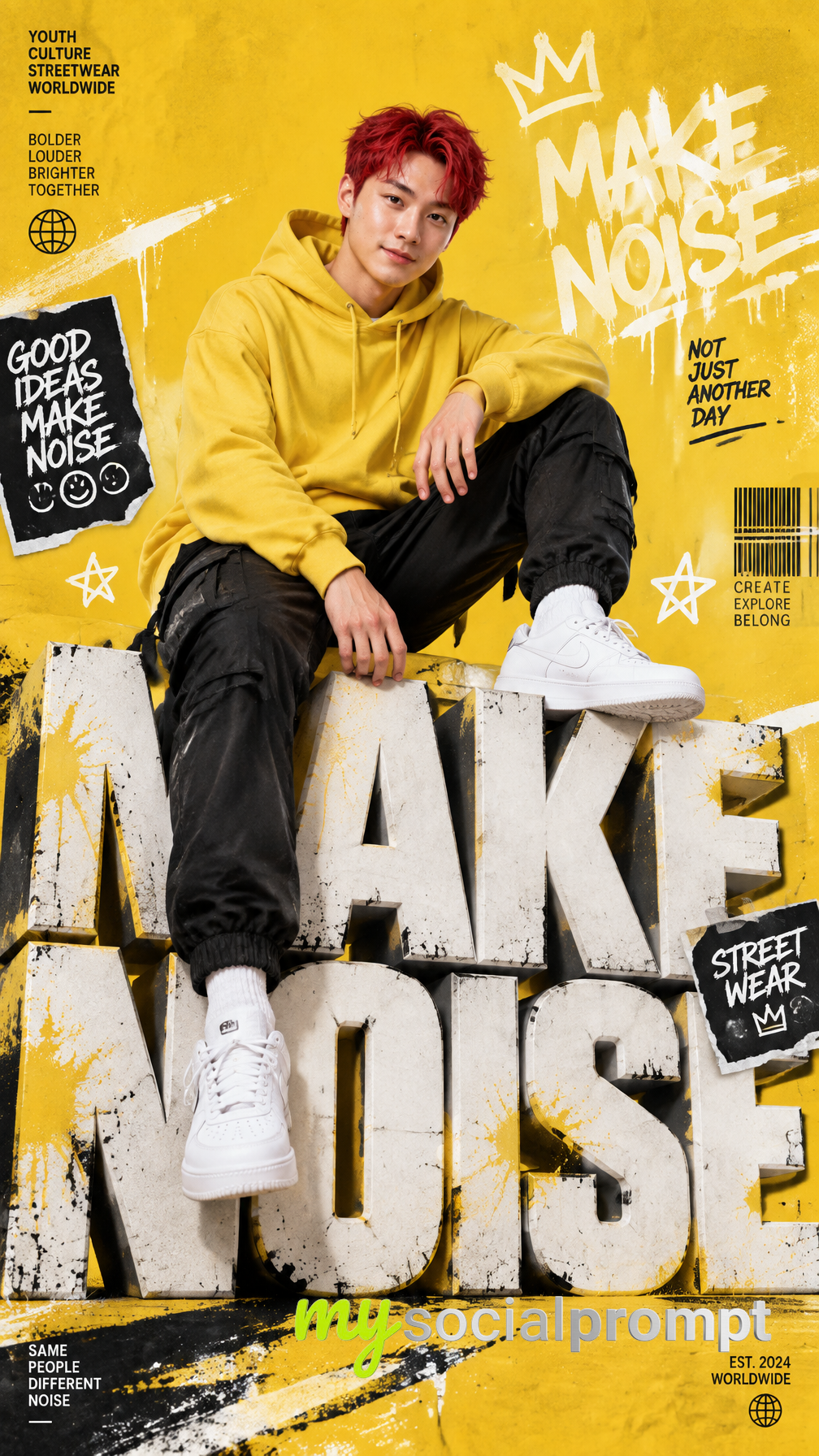 Oversized 3D Typography Streetwear Poster With Yellow Hoodie Editorial