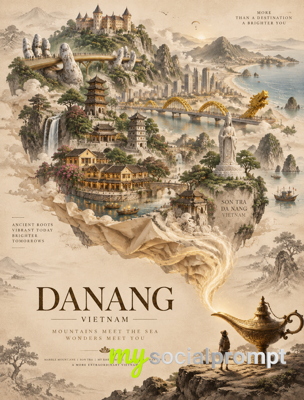 Danang's Miniature World: A Surreal Ink Wash Travel Poster Illustration