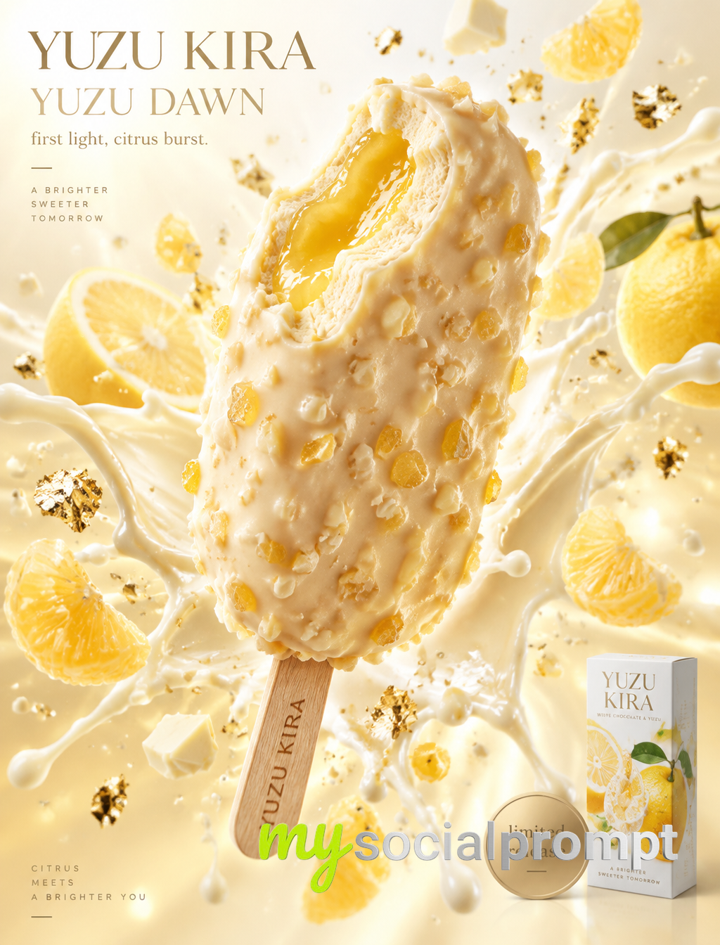 Hyper-realistic White Chocolate Yuzu Ice Cream Bar in Radiant Dawn Splash