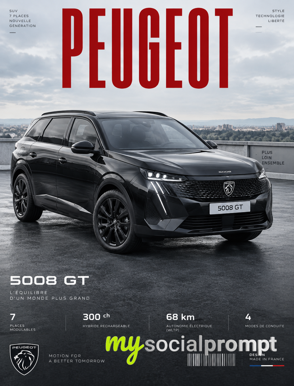 Étude Automobile Minimaliste : Peugeot 5008 GT Noire en Éclairage Cinématographique
