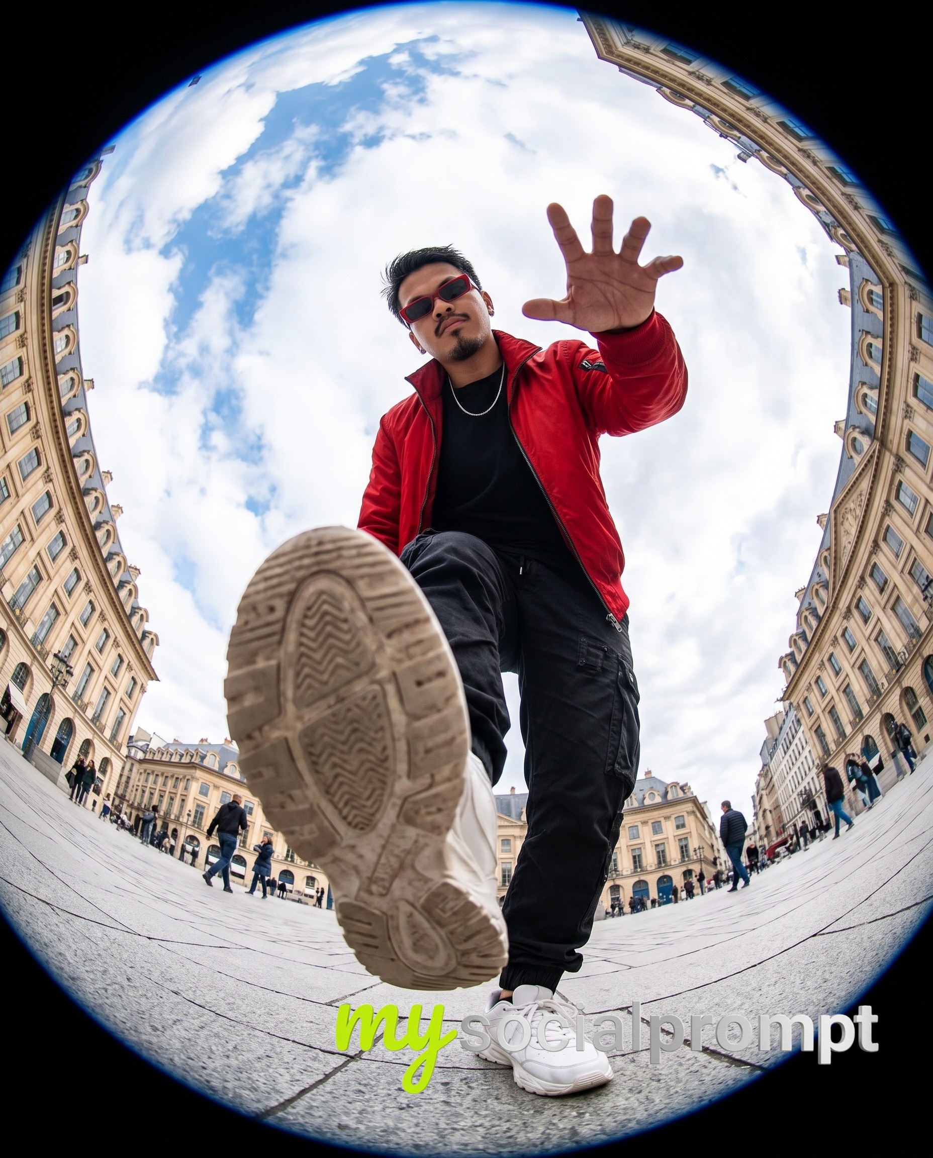 Fisheye Worm's-Eye Sneaker Shot: Tiny Planet Urban Plaza Perspective