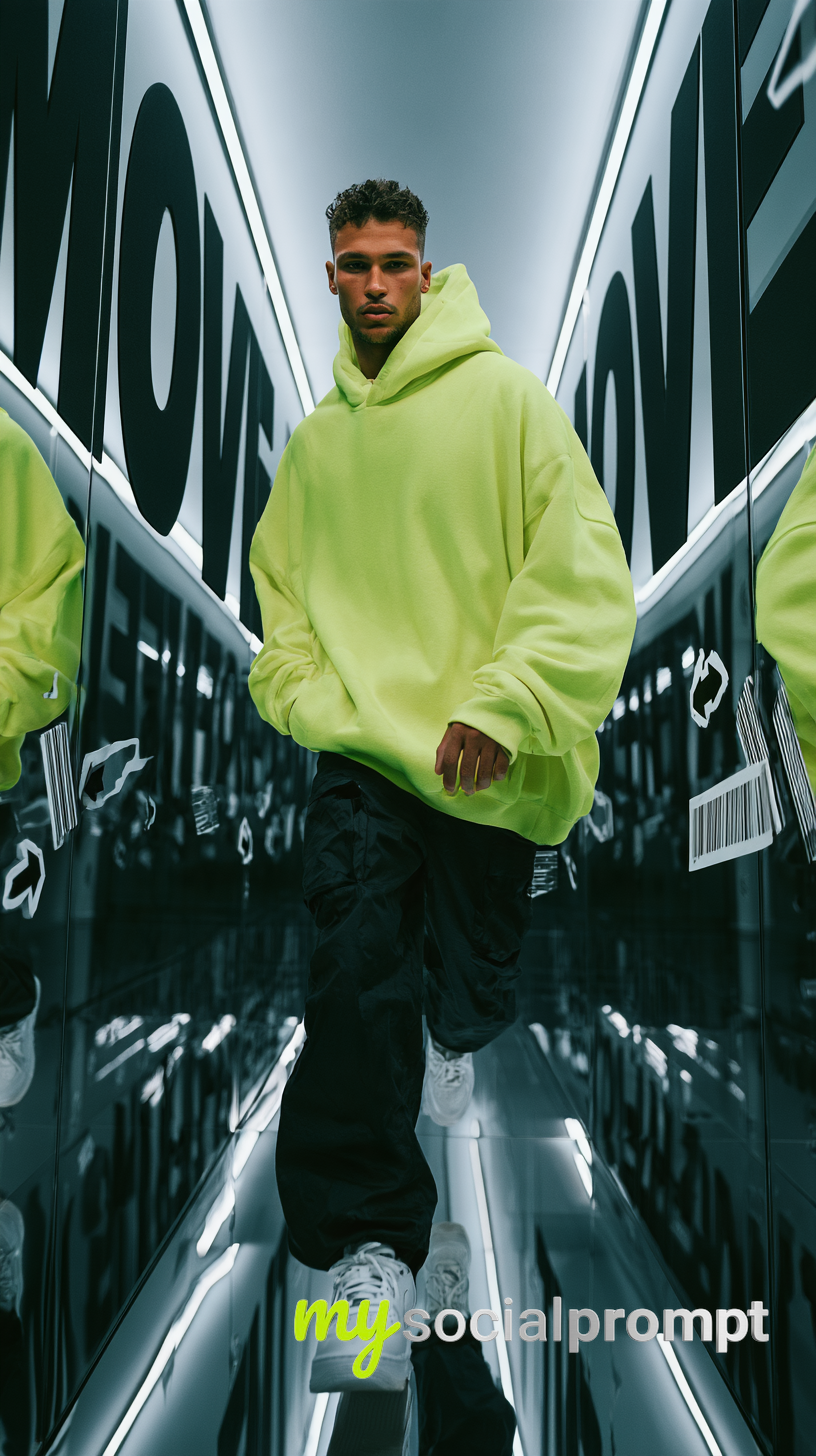 Neon-Lime Streetwear Editorial: Mirrored Corridor Fashion Campaign
