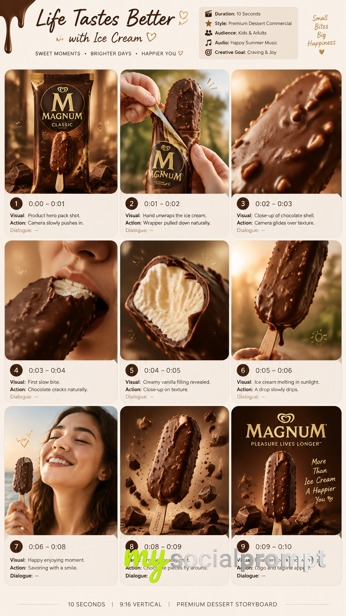 Cinematic Premium Ice Cream Storyboard: 9-Scene Luxury Commercial Grid
