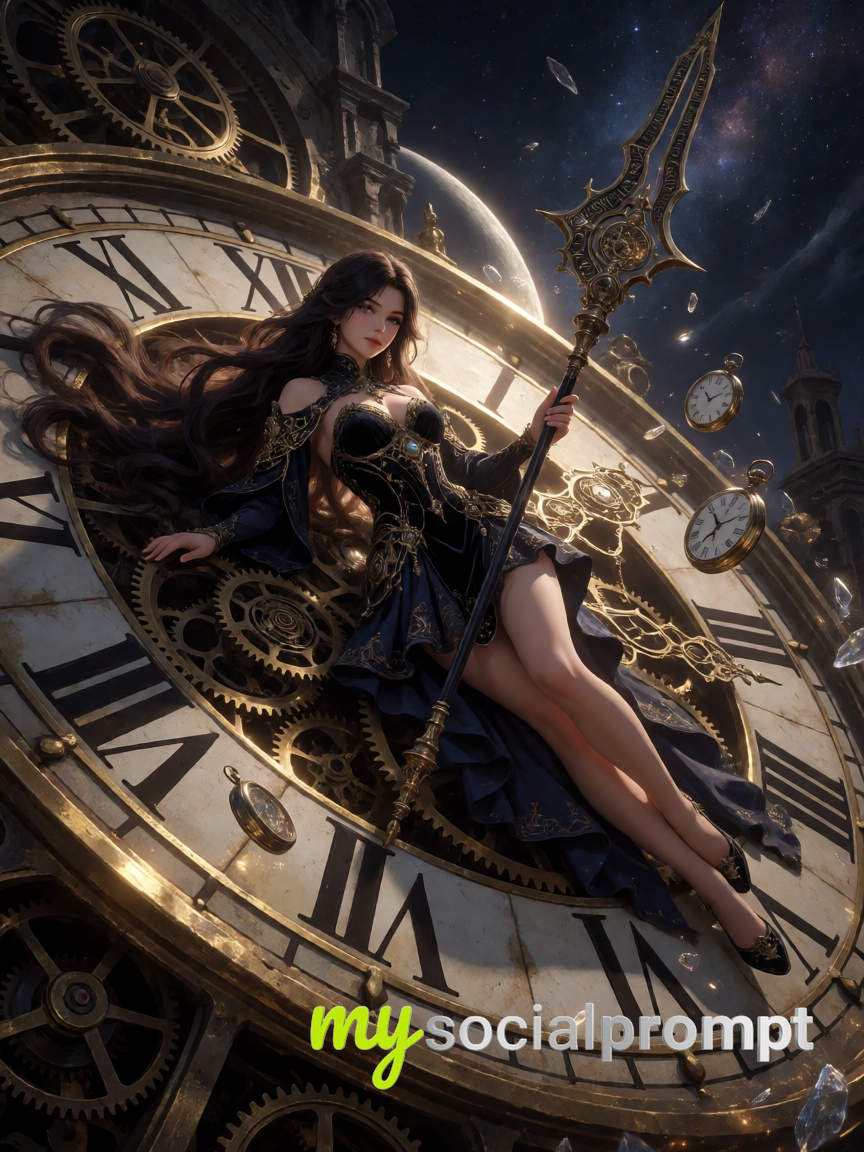 Chronomancer Reclining on a Monumental Ancient Clock in Cinematic Dark Fantasy